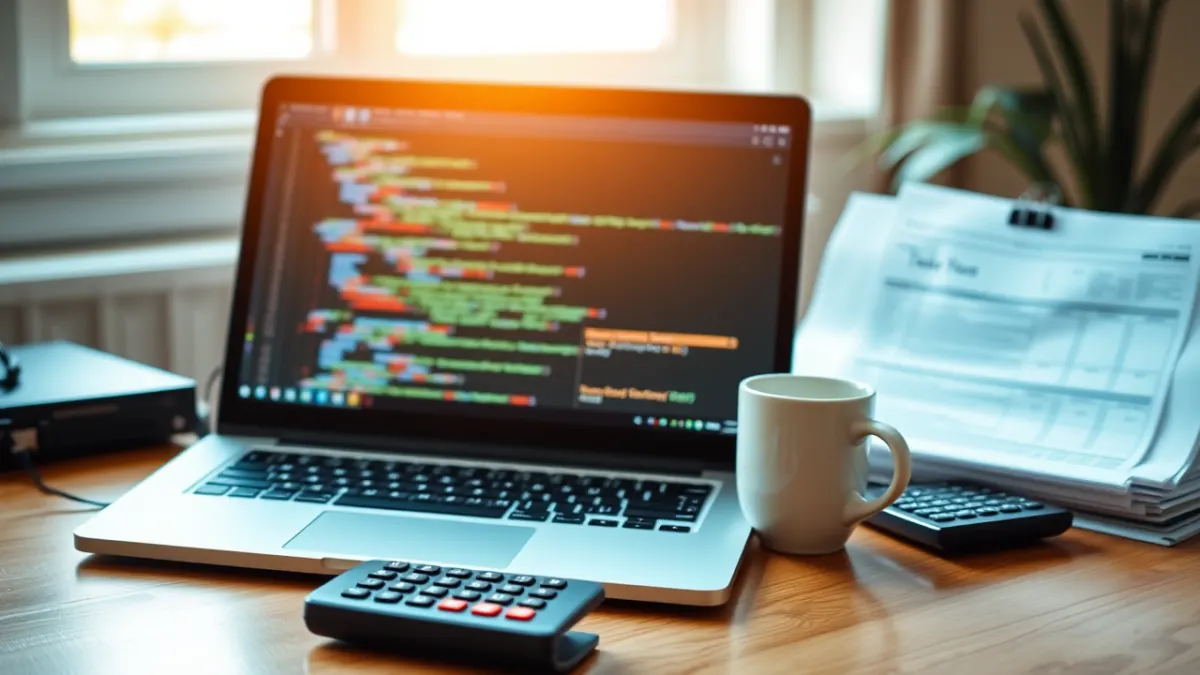 Biurko programisty z laptopem, kodem i dokumentami podatkowymi