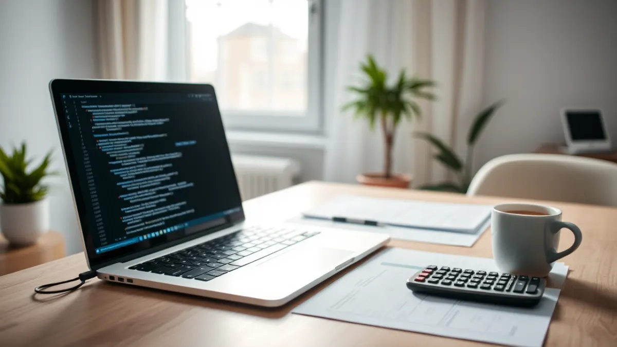 Biurko programisty z laptopem, kalkulatorem i formularzami – liczenie składek Mały ZUS Plus