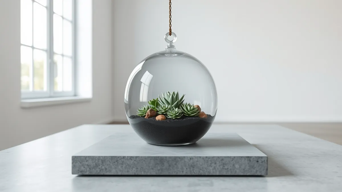 Szklane terrarium z małymi sukulentami na betonowym stole – prosty ryczałt bez kosztów