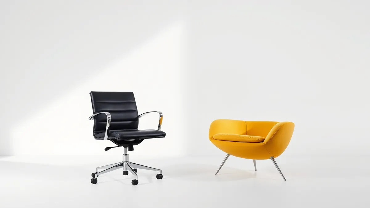 Dwa różne krzesła obok siebie w białym studiu: klasyczne biurowe i designerski fotel – etat czy B2B