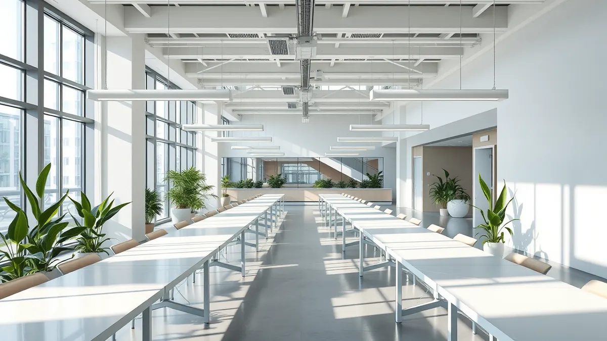 Pusty, nowoczesny open space z długimi stołami i roślinami – praca na etacie w biurze
