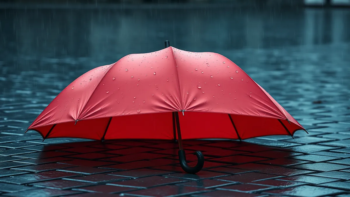 Czerwony parasol na mokrym bruku w deszczu – ubezpieczenia społeczne jako ochrona