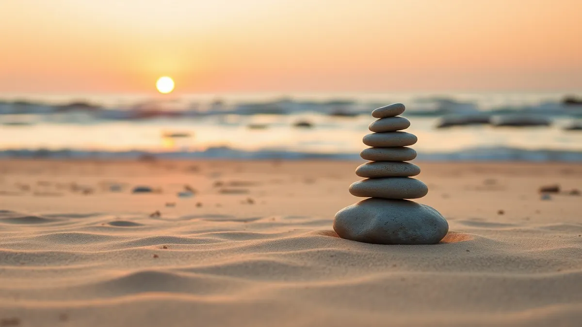 Wieża z wyważonych kamieni na plaży o zachodzie słońca – równowaga między składkami a dochodem